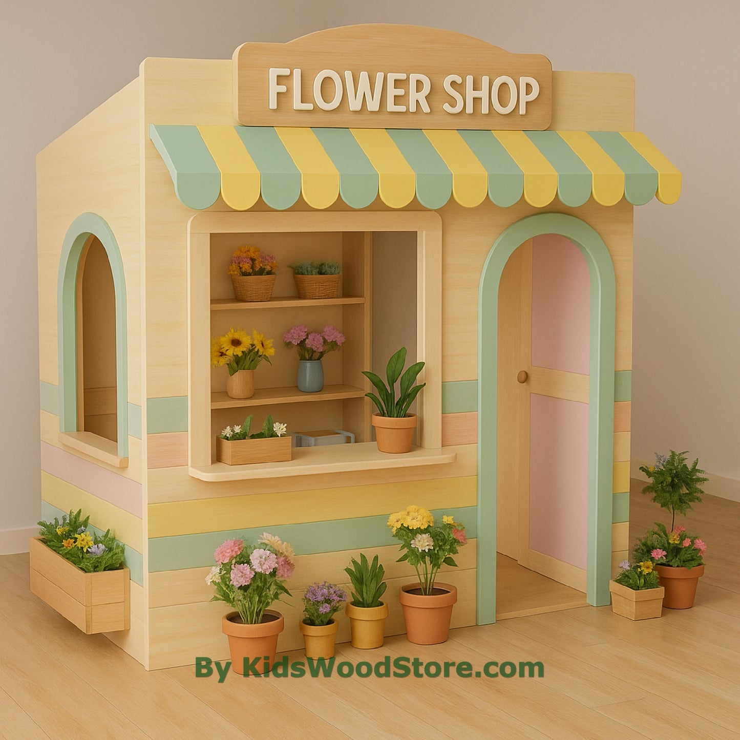 Casita de madera con diseño de floristería | Casita de juegos para interior y exterior