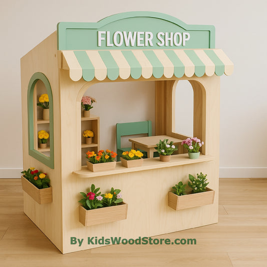 Casita de madera con diseño de floristería | Casita de juegos para interior y exterior
