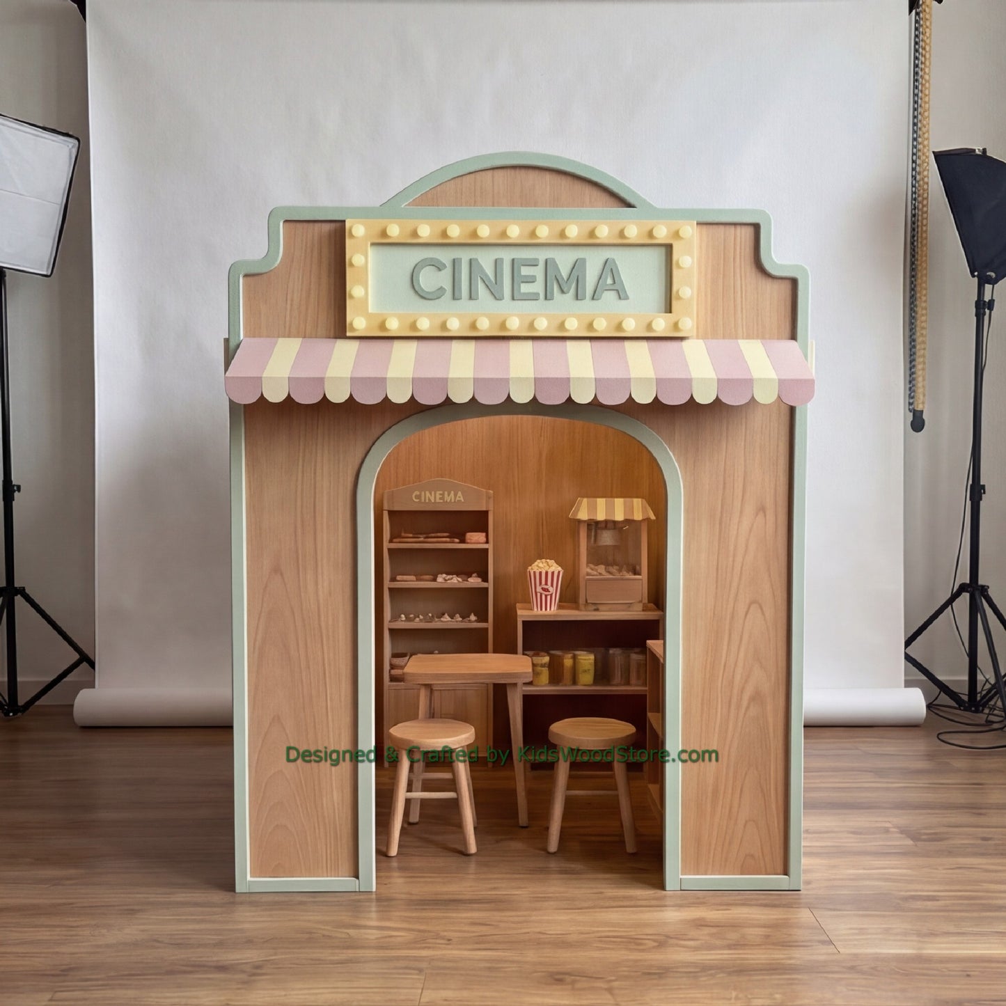 Wooden Cinema Playhouse + Furnitures for Kids | Personalized 25+ Themes | All-Inclusive Turnkey Project