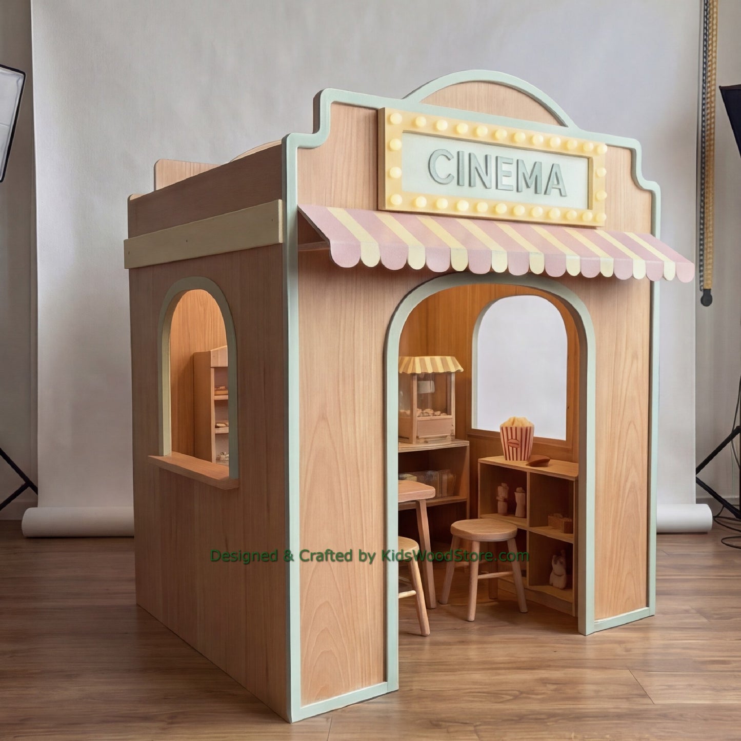 Wooden Cinema Playhouse + Furnitures for Kids | Personalized 25+ Themes | All-Inclusive Turnkey Project