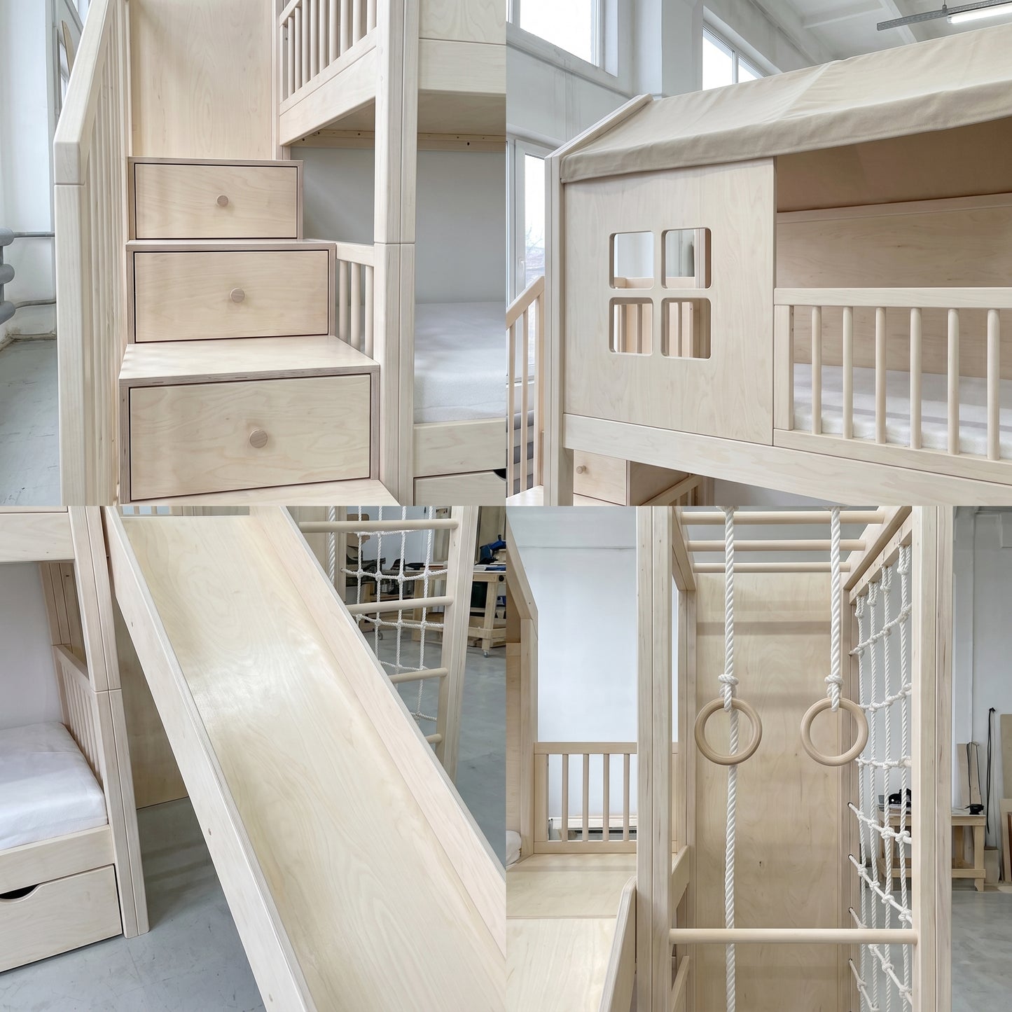 Wooden Bunk Bed with Slide, Gym Rings & Climbing Ladder | Playhouse Cabin, Storage Stairs, Under-Bed Drawers | Complete Kids Bunk Bed Set