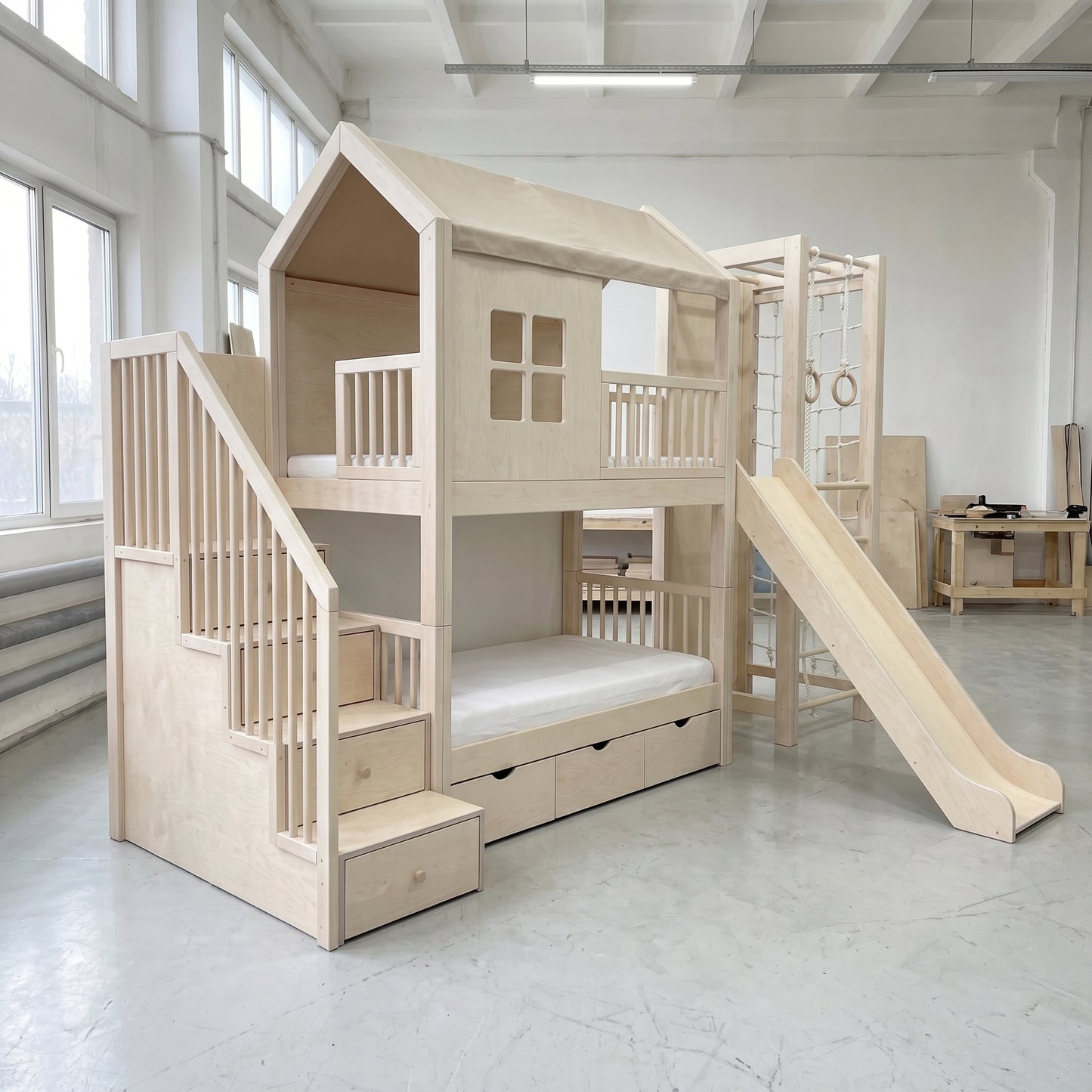 Wooden Bunk Bed with Slide, Gym Rings & Climbing Ladder | Playhouse Cabin, Storage Stairs, Under-Bed Drawers | Complete Kids Bunk Bed Set