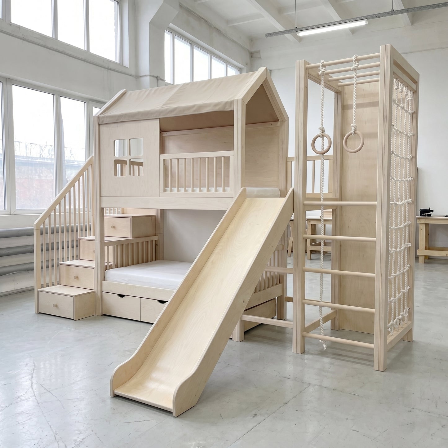 Wooden Bunk Bed with Slide, Gym Rings & Climbing Ladder | Playhouse Cabin, Storage Stairs, Under-Bed Drawers | Complete Kids Bunk Bed Set
