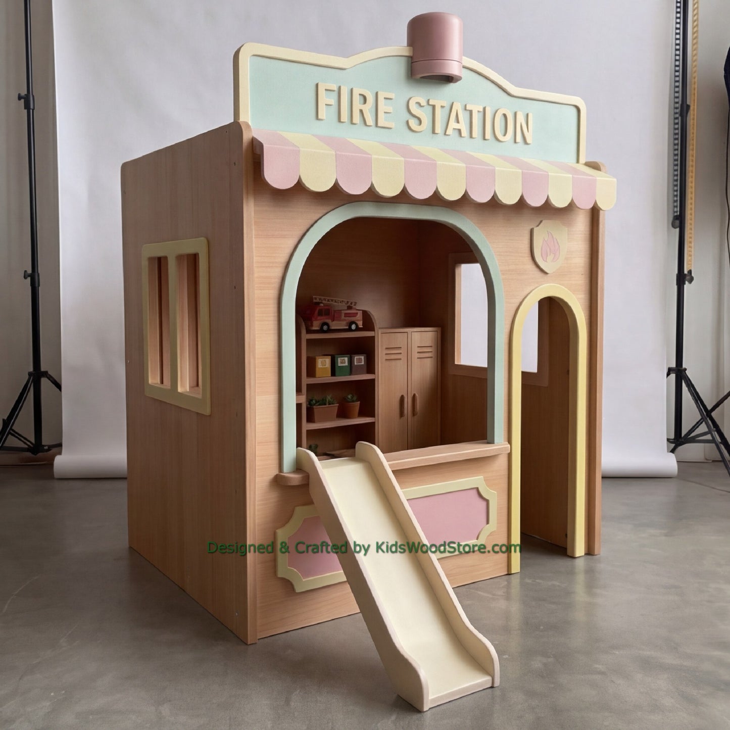 Wooden Fire Station Playhouse + Furnitures for Kids | Personalized 25+ Themes | All-Inclusive Turnkey Project