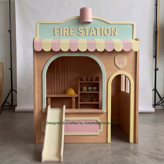 Wooden Fire Station Playhouse + Furnitures for Kids | Personalized 25+ Themes | All-Inclusive Turnkey Project