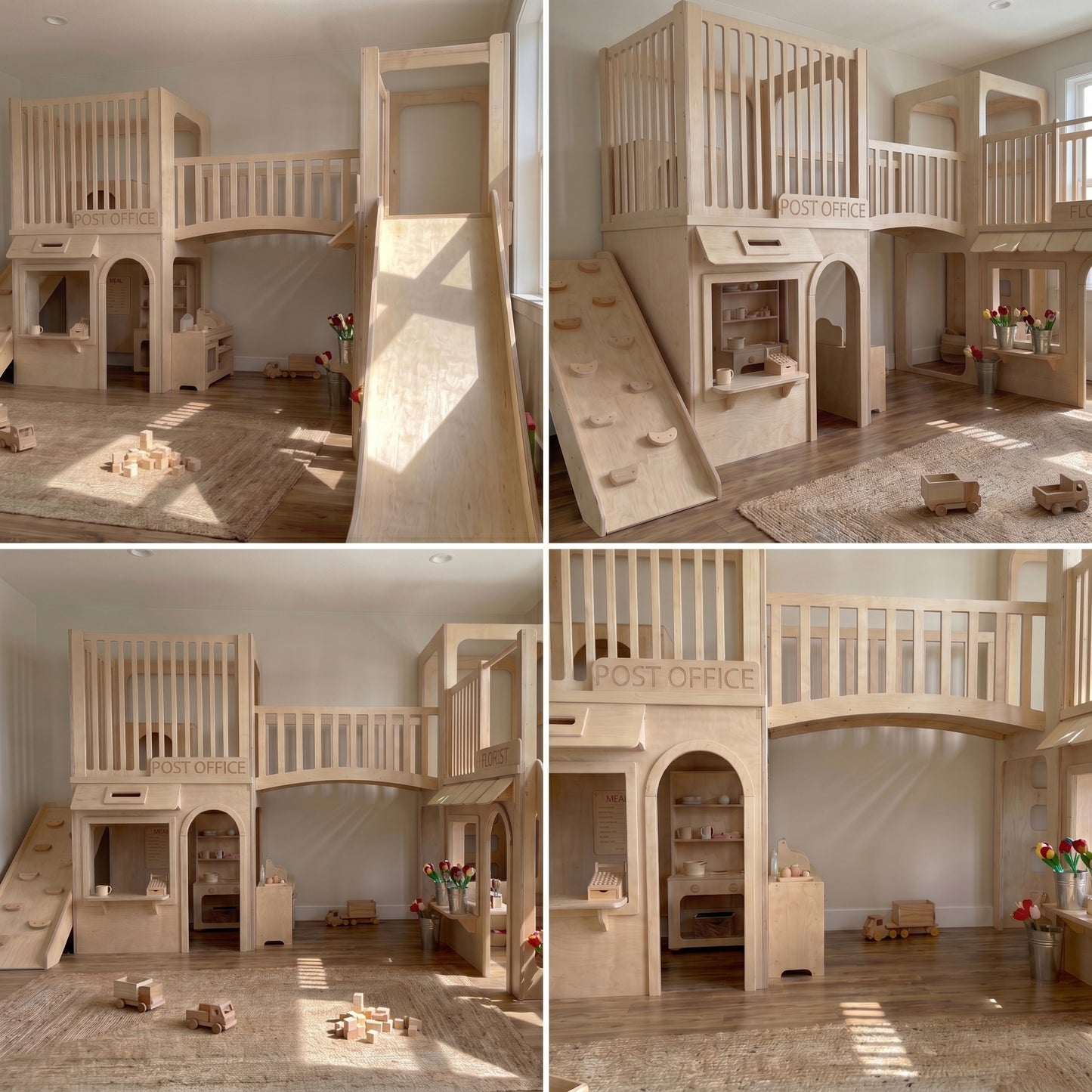 Luxury Indoor Wooden Play Town with Post Office & Florist Shop | Two-Story Modular Playhouse with Climbing Ramp & Slide