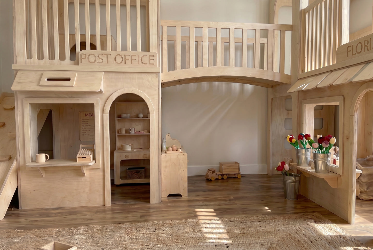 Luxury Indoor Wooden Play Town with Post Office & Florist Shop | Two-Story Modular Playhouse with Climbing Ramp & Slide