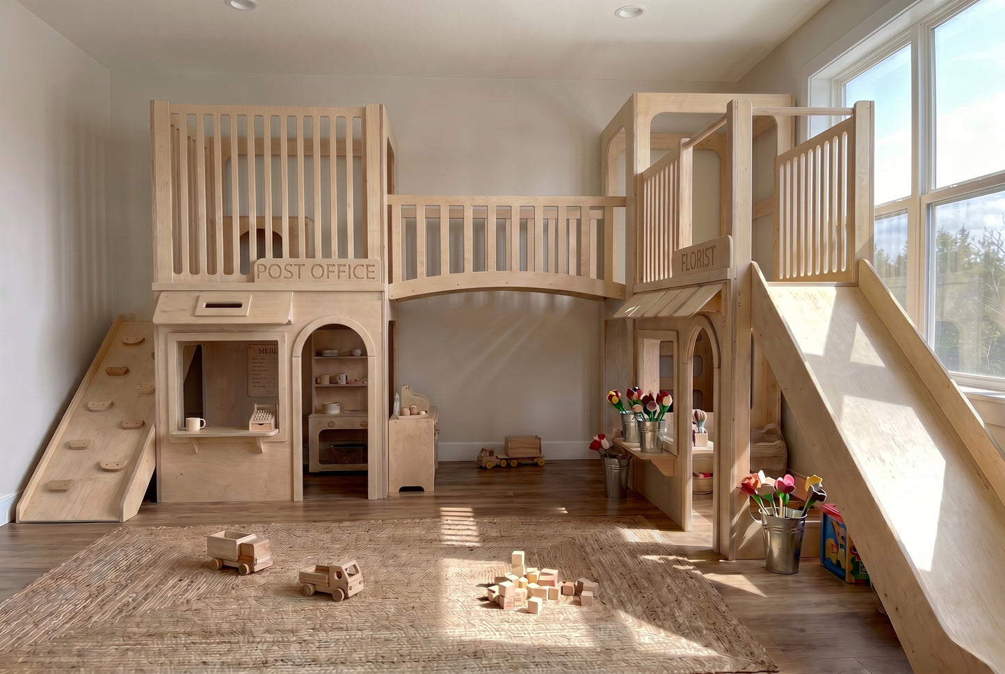 Luxury Indoor Wooden Play Town with Post Office & Florist Shop | Two-Story Modular Playhouse with Climbing Ramp & Slide