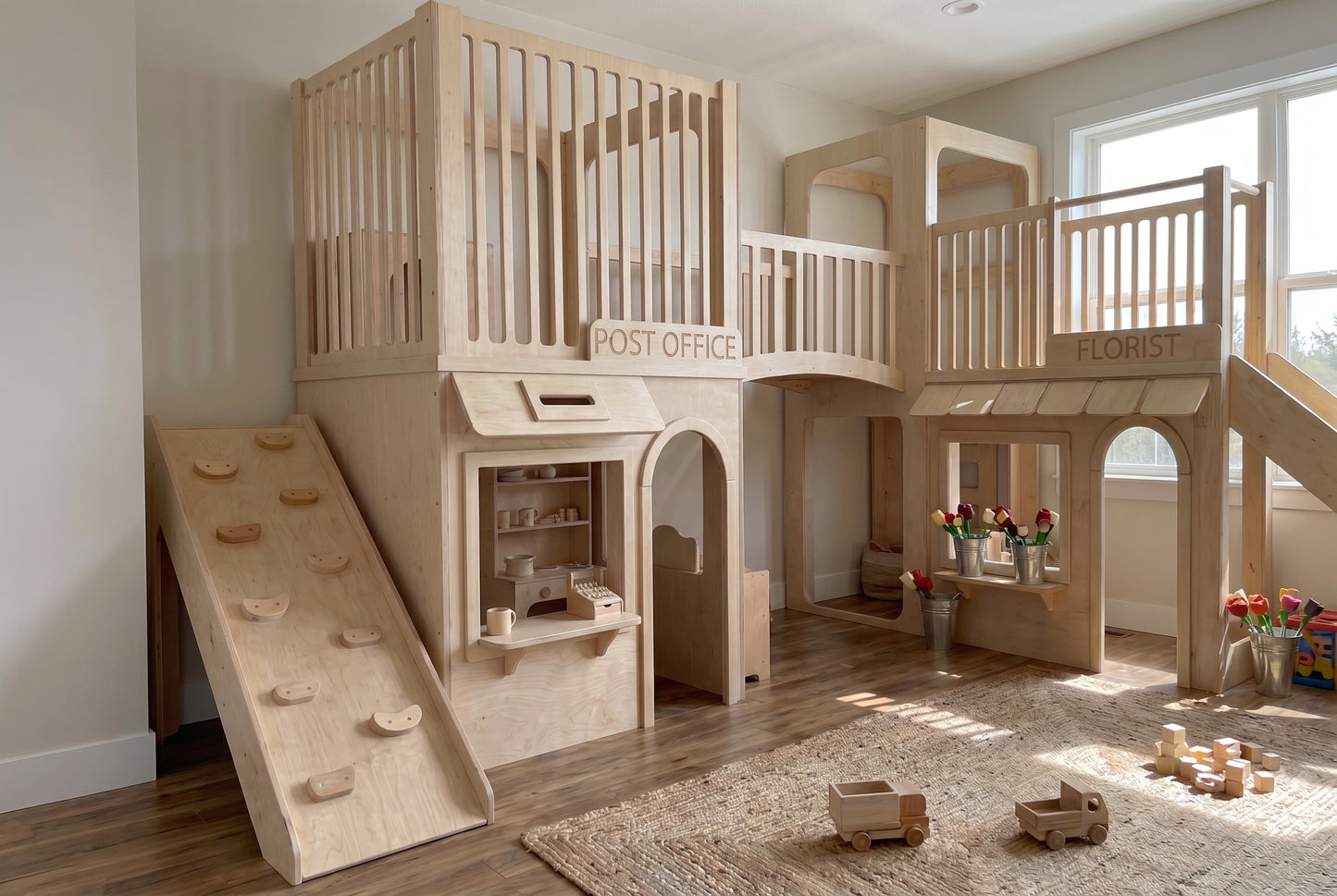 Luxury Indoor Wooden Play Town with Post Office & Florist Shop | Two-Story Modular Playhouse with Climbing Ramp & Slide