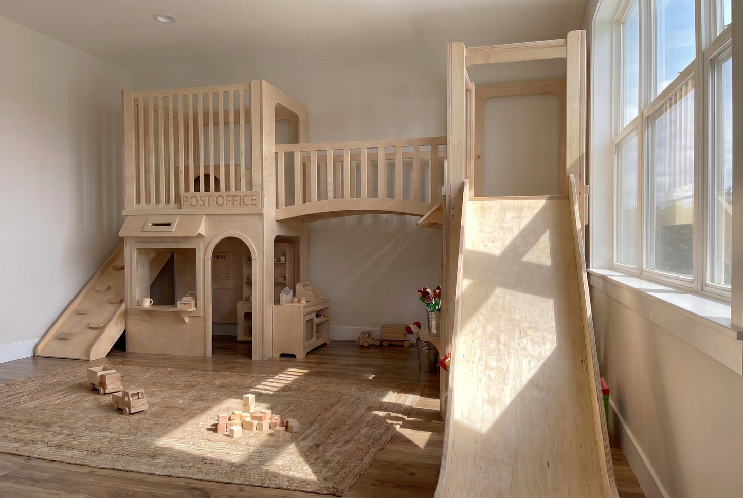 Luxury Indoor Wooden Play Town with Post Office & Florist Shop | Two-Story Modular Playhouse with Climbing Ramp & Slide