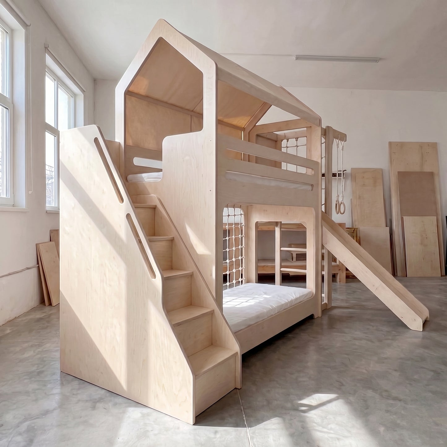 Wooden Bunk Bed with Slide, Gym Rings & Climbing Net | Fabric Canopy Roof, Storage Stairs | Kids Adventure Bunk Bed Set