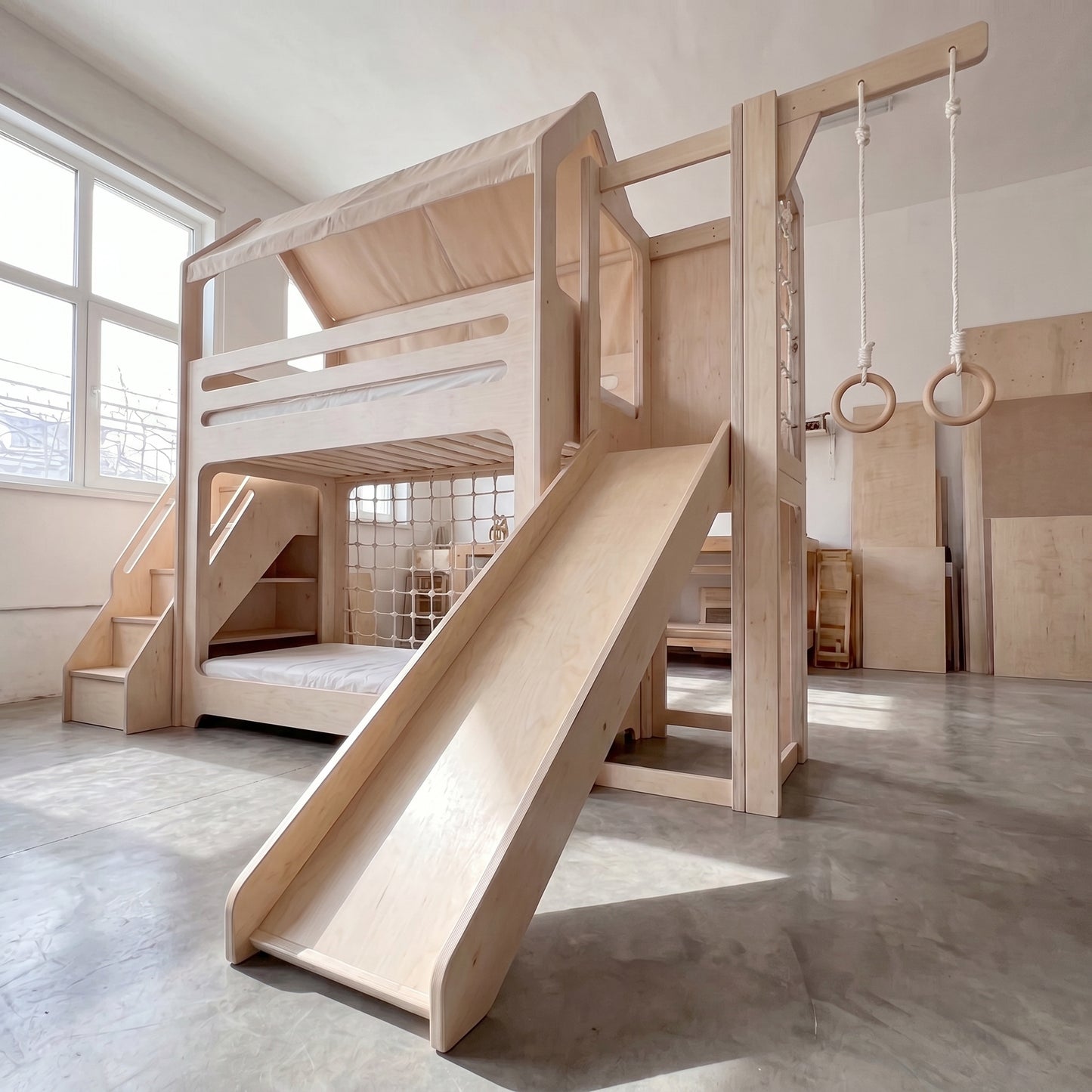 Wooden Bunk Bed with Slide, Gym Rings & Climbing Net | Fabric Canopy Roof, Storage Stairs | Kids Adventure Bunk Bed Set