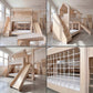 Wooden Bunk Bed with Slide, Gym Rings & Climbing Net | Fabric Canopy Roof, Storage Stairs | Kids Adventure Bunk Bed Set