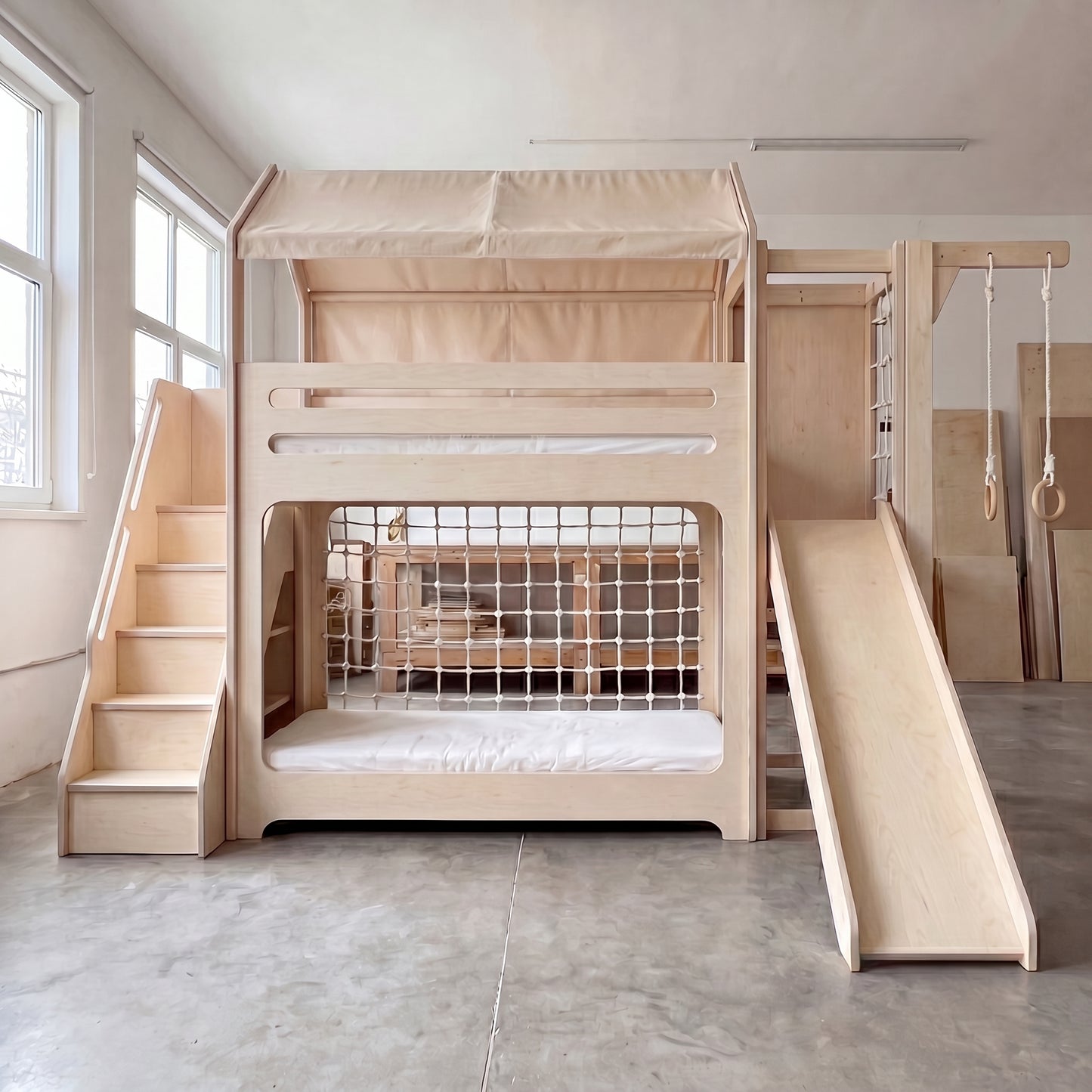 Wooden Bunk Bed with Slide, Gym Rings & Climbing Net | Fabric Canopy Roof, Storage Stairs | Kids Adventure Bunk Bed Set