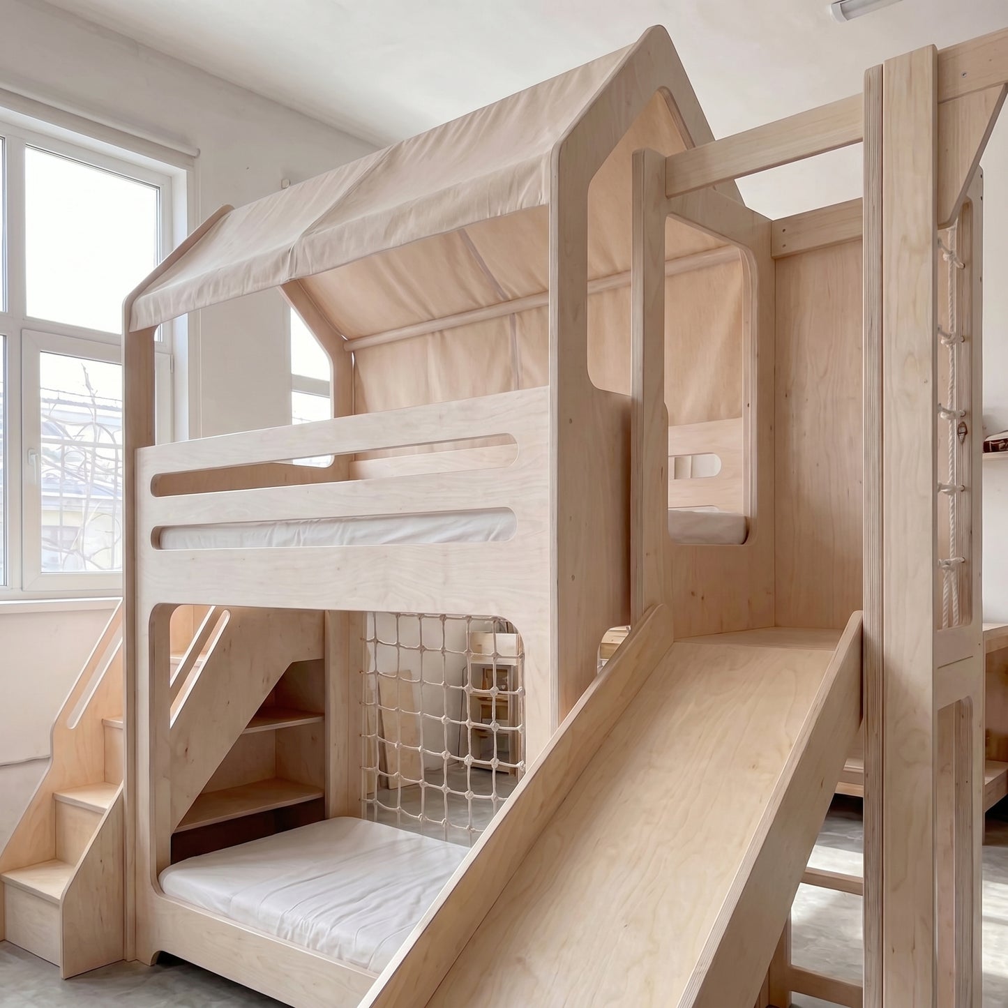 Wooden Bunk Bed with Slide, Gym Rings & Climbing Net | Fabric Canopy Roof, Storage Stairs | Kids Adventure Bunk Bed Set