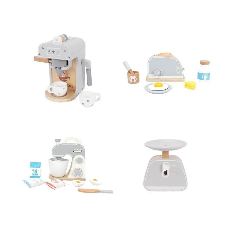 Montessori Wooden Kitchen Pretend Toy Wooden Simulation Toy Coffee Machine Toaster Mixer Baby Food Early Educational Toys  For Wooden Play Kitchen