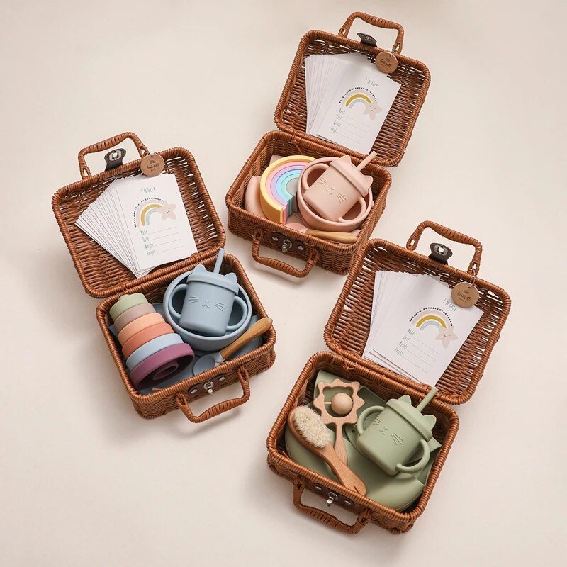 Baby Silicone Feeding Retro Tableware Sets Candy Color Drinking Learned Cups Set Food Grade Silicone Dishes Baby Tablewares