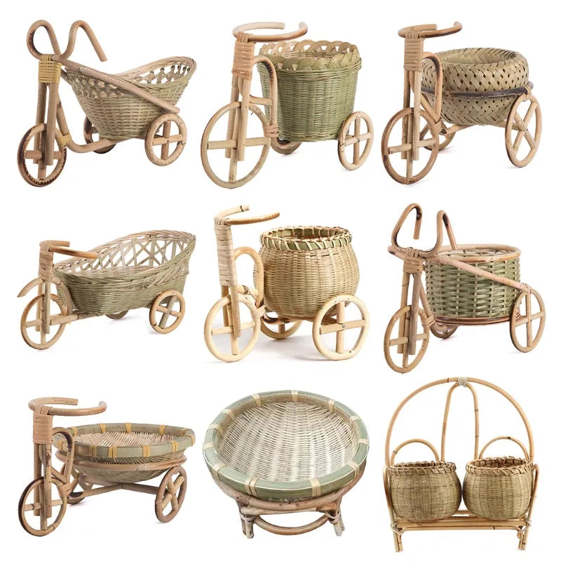 Mini Tricycle Rattan Woven Fruit Basket Bamboo Handmade Wicker Storage Basket