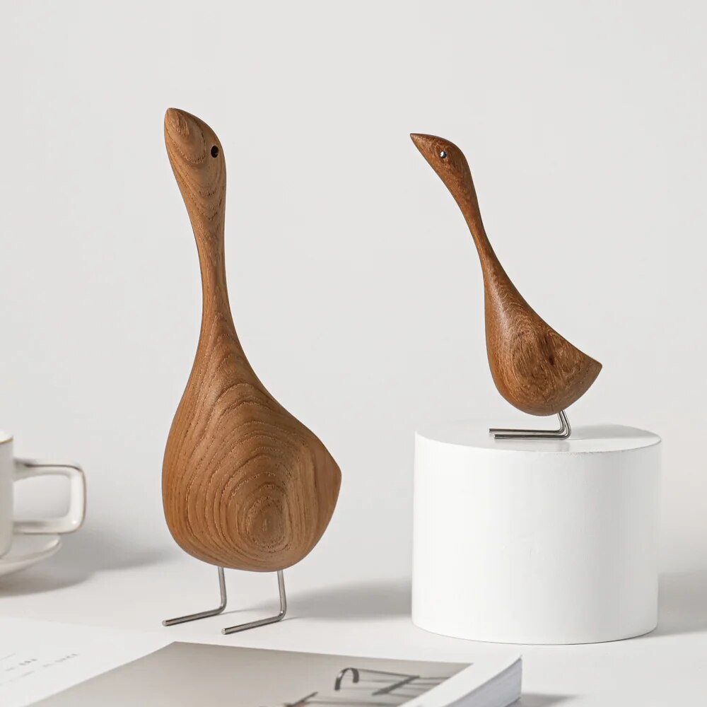 Nordic Wooden Goose Figurines Abstract Teak Wood Sculpture Lovely Couple Figures Nature Animal Ornaments For Home Decoration