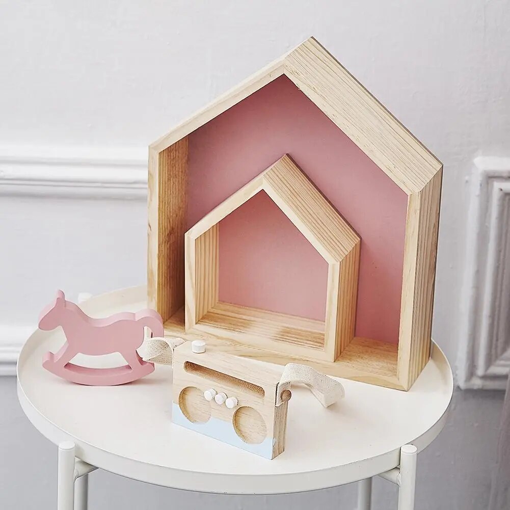 Wandregal Display Hängeregal Kinderzimmer Hausform Regal Holz Shadow Cubby Box Aufbewahrung Natürliche nordische Regale 