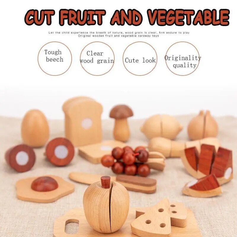 Natürliche Holzfarbe für Kinder, Obst und Gemüse, Simulationsspielhaus, geschnittenes Obstspielzeug, Küchenutensilien, kognitives Holzspielzeug für die Spielküche aus Holz