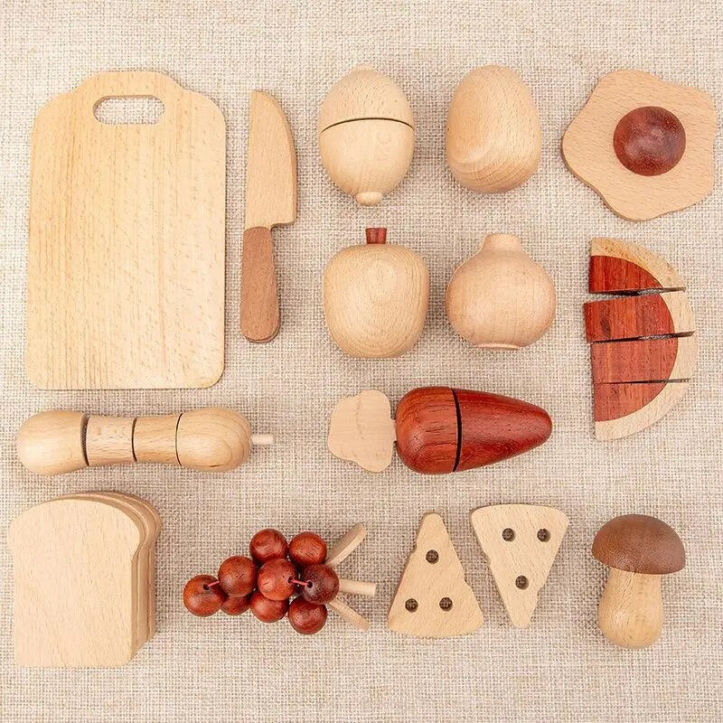 Natürliche Holzfarbe für Kinder, Obst und Gemüse, Simulationsspielhaus, geschnittenes Obstspielzeug, Küchenutensilien, kognitives Holzspielzeug für die Spielküche aus Holz