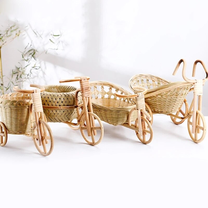 Mini Tricycle Rattan Woven Fruit Basket Bamboo Handmade Wicker Storage Basket