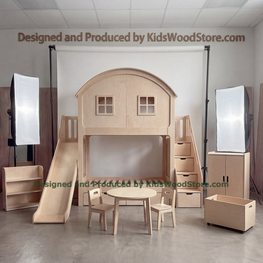 Wooden Playhouse Bunk Bed with Slide & Arched Roof | Storage Stairs, Kids Table Set & Toy Chest Included | All-Inclusive