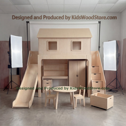 Wooden Playhouse Bunk Bed with Built-in Desk & Wardrobe | Slide, Storage Stairs, Chimney Roof | Complete Kids Room Set