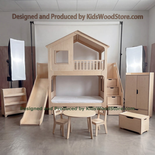 Wooden Playhouse Bunk Bed with Front Balcony & Wardrobe | Juliet Railing Loft, Slide & Storage Stairs | All-Inclusive Kids Set
