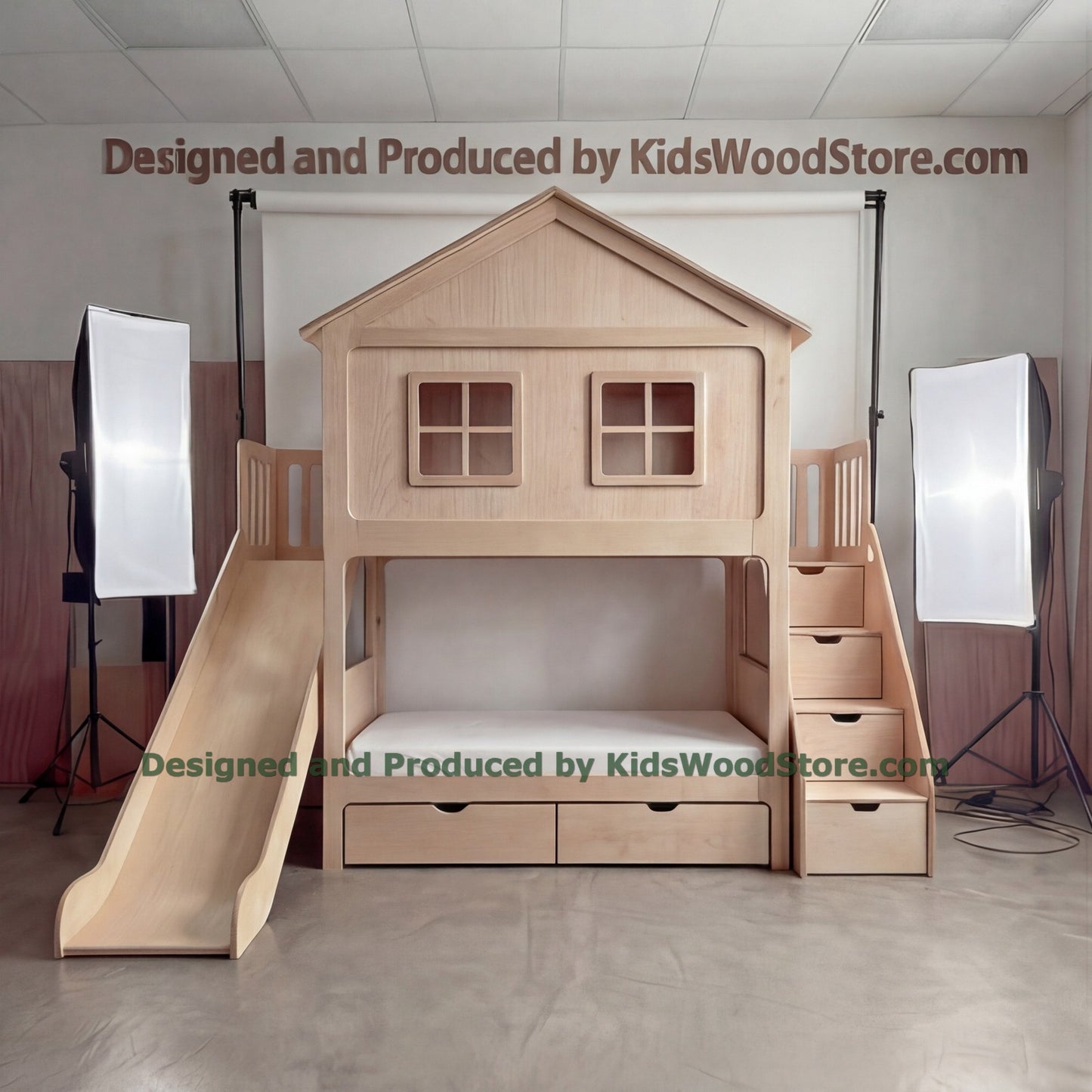 Wooden Dollhouse Bunk Bed with Slide & Wardrobe | Multi-Pane Windows, Picket-Fence Loft Rails, Storage Stairs | Kids Cottage Set