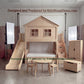Wooden Dollhouse Bunk Bed with Slide & Wardrobe | Multi-Pane Windows, Picket-Fence Loft Rails, Storage Stairs | Kids Cottage Set