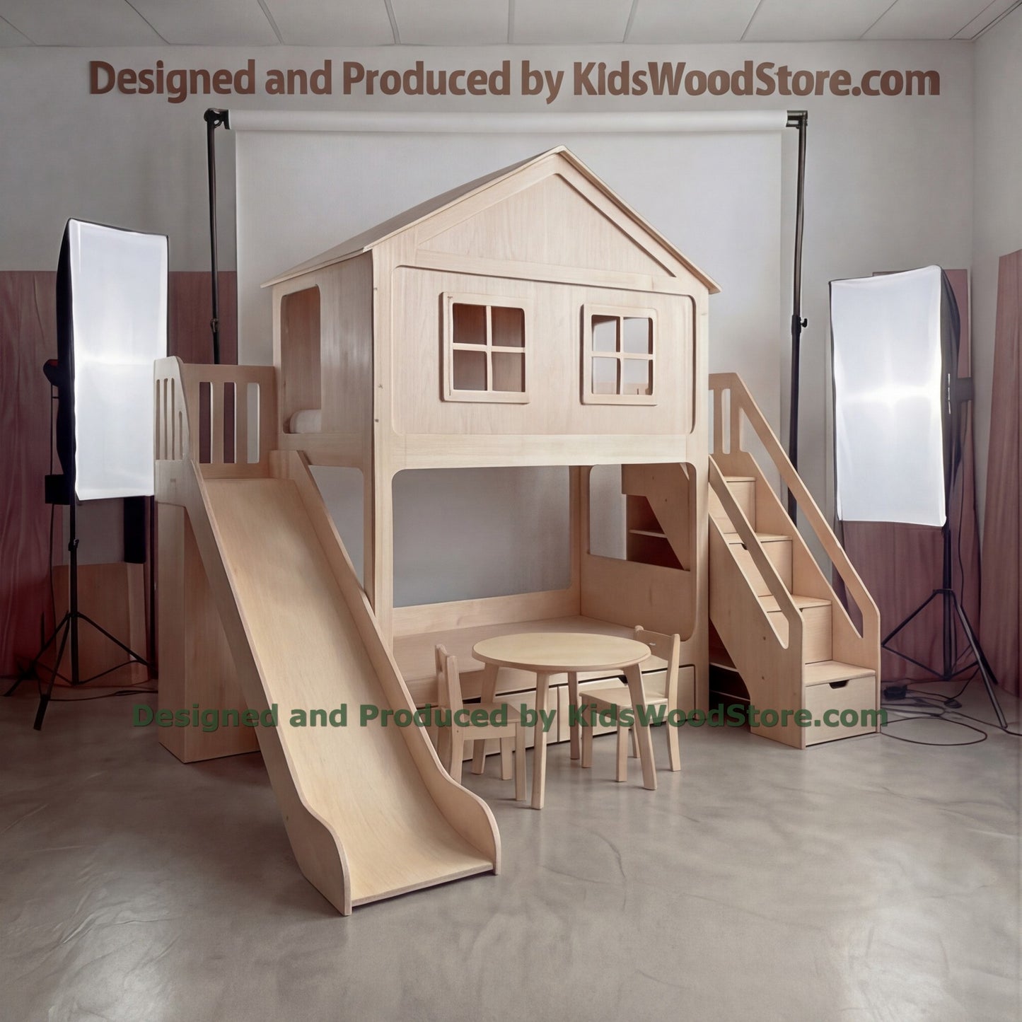 Wooden Dollhouse Bunk Bed with Slide & Wardrobe | Multi-Pane Windows, Picket-Fence Loft Rails, Storage Stairs | Kids Cottage Set
