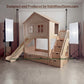 Wooden Dollhouse Bunk Bed with Slide & Wardrobe | Multi-Pane Windows, Picket-Fence Loft Rails, Storage Stairs | Kids Cottage Set