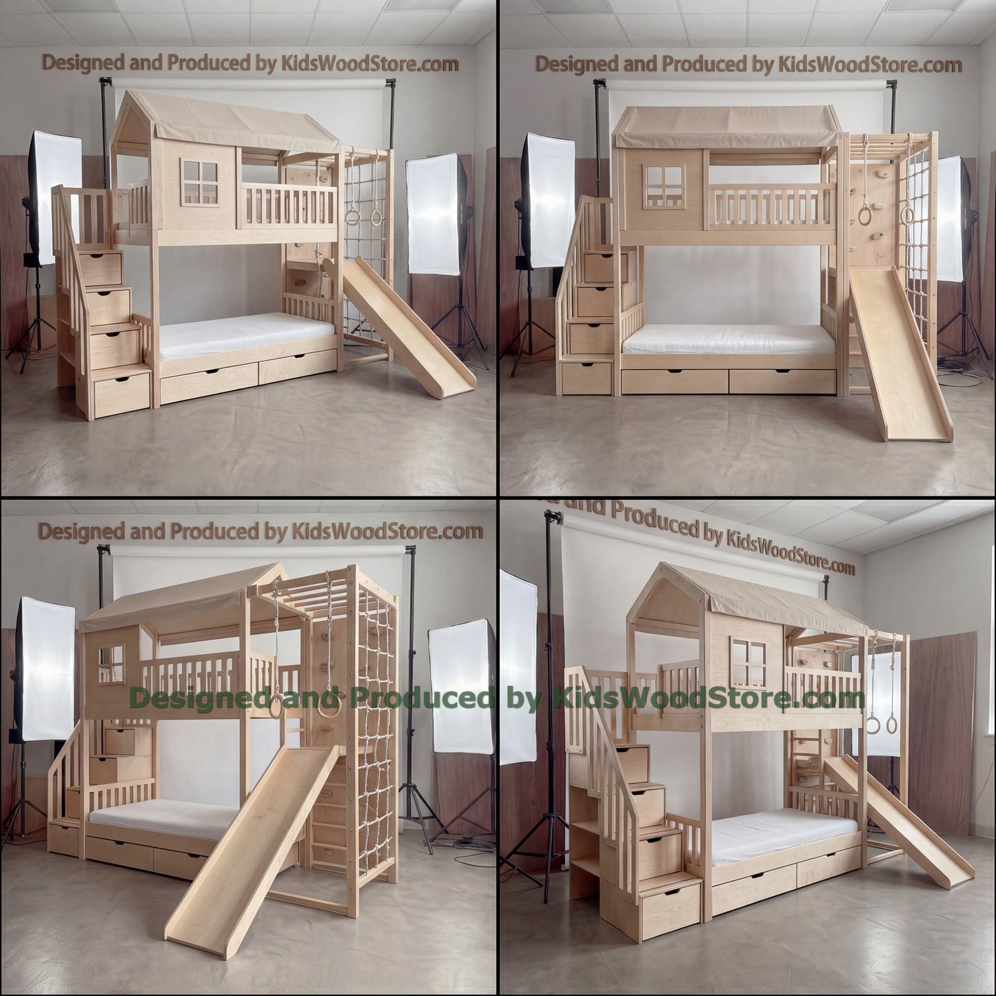 Wooden Adventure Bunk Bed with Climbing Net, Gym Rings & Tent Canopy | Slide, Storage Stairs, Under-Bed Drawers | Active Kids Loft Bed