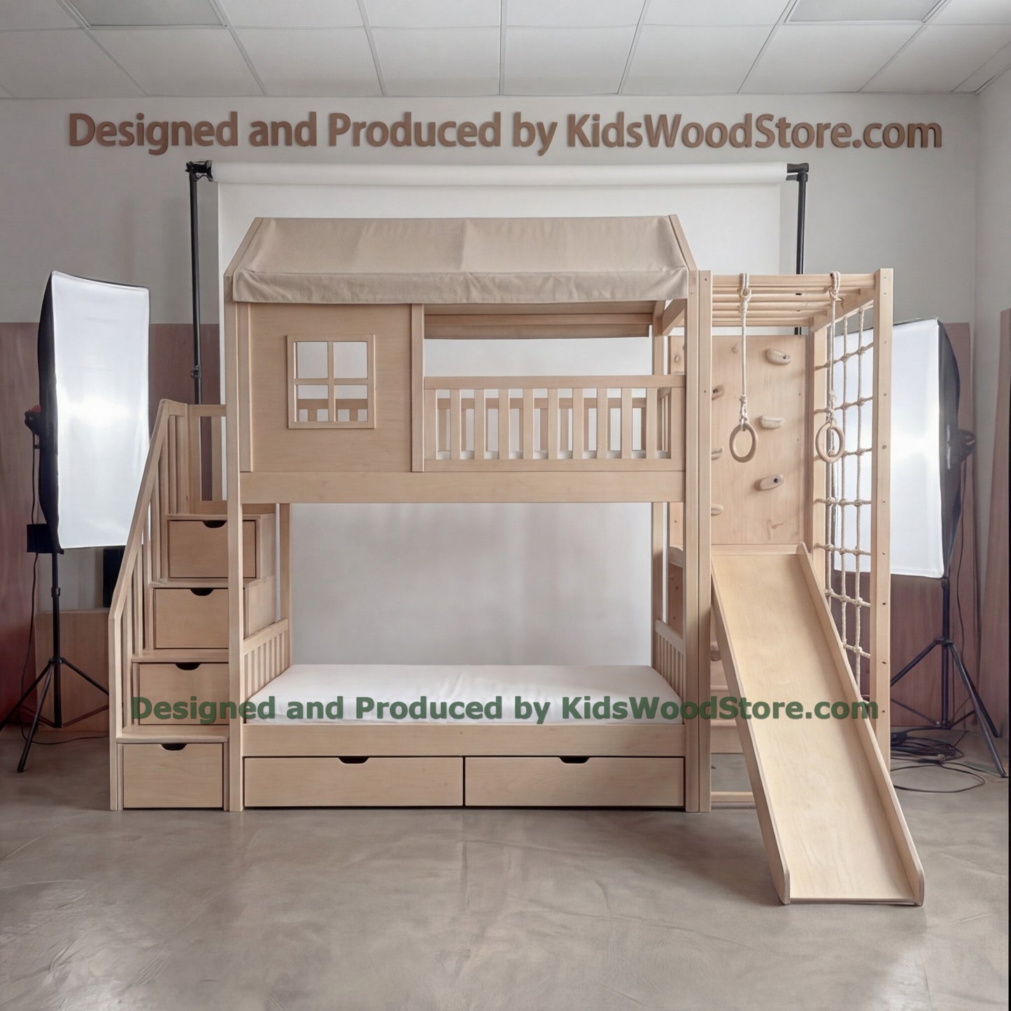 Wooden Adventure Bunk Bed with Climbing Net, Gym Rings & Tent Canopy | Slide, Storage Stairs, Under-Bed Drawers | Active Kids Loft Bed