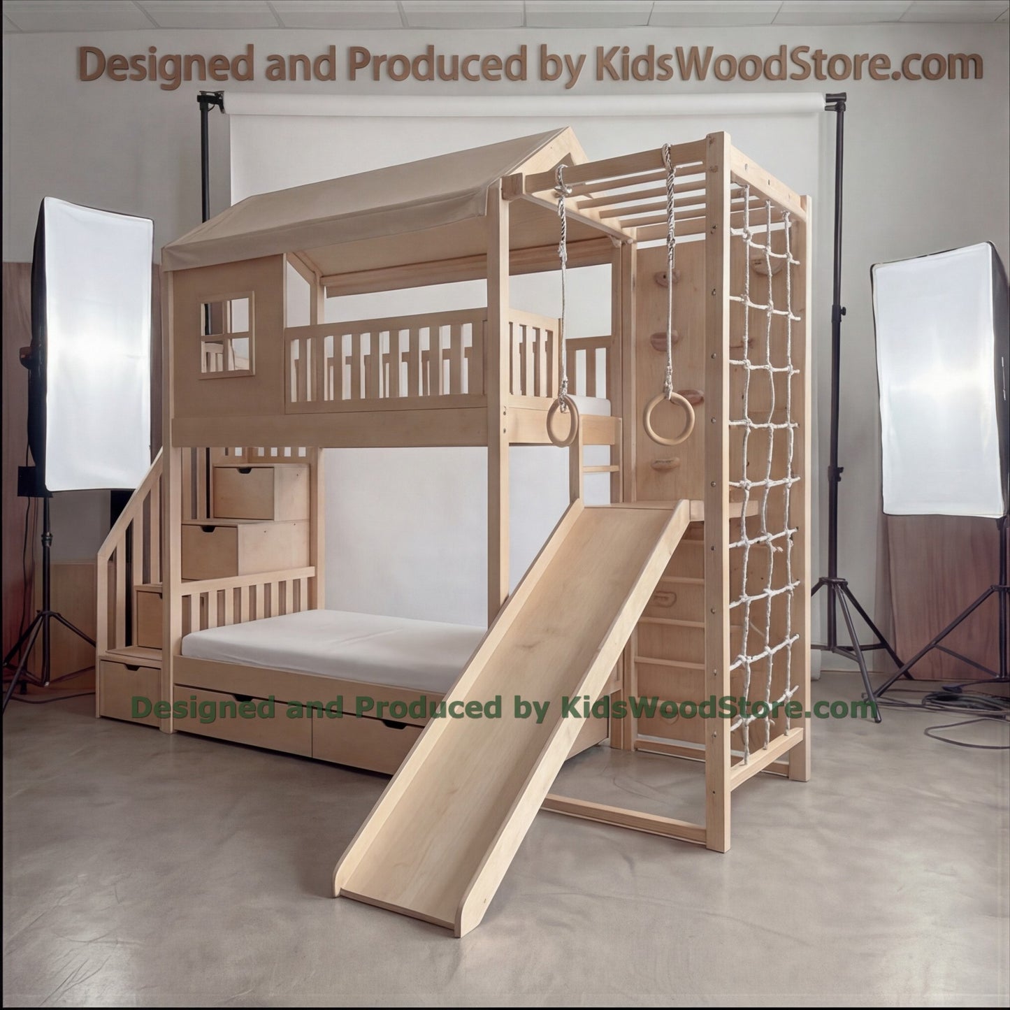 Wooden Adventure Bunk Bed with Climbing Net, Gym Rings & Tent Canopy | Slide, Storage Stairs, Under-Bed Drawers | Active Kids Loft Bed