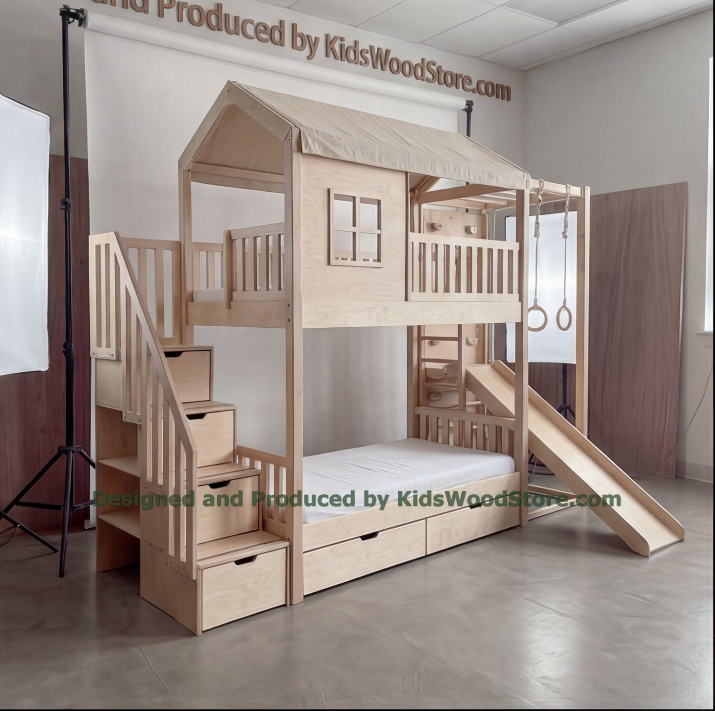 Wooden Adventure Bunk Bed with Climbing Net, Gym Rings & Tent Canopy | Slide, Storage Stairs, Under-Bed Drawers | Active Kids Loft Bed
