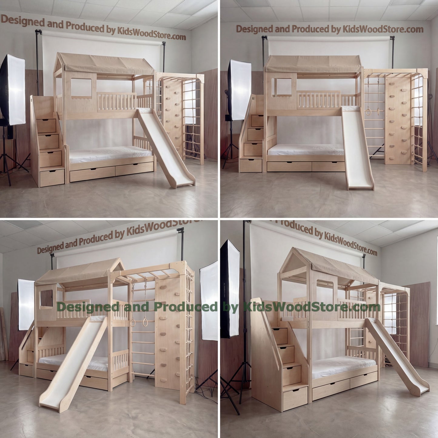 Wooden Adventure Bunk Bed with Climbing Wall, Rings & Rope | Tent Canopy, Slide, Storage Stairs | Indoor Rock Climbing Kids Loft Bed