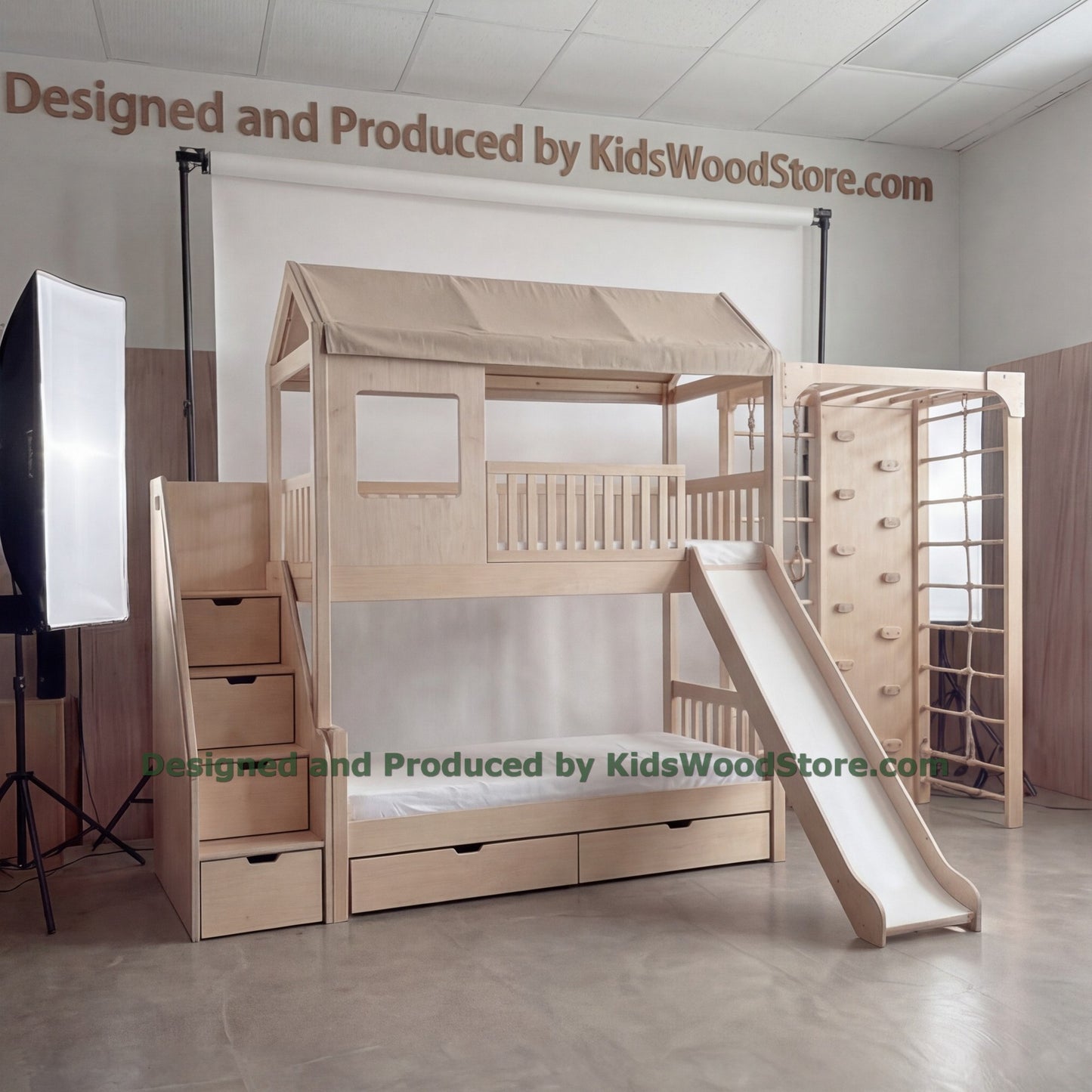 Wooden Adventure Bunk Bed with Climbing Wall, Rings & Rope | Tent Canopy, Slide, Storage Stairs | Indoor Rock Climbing Kids Loft Bed