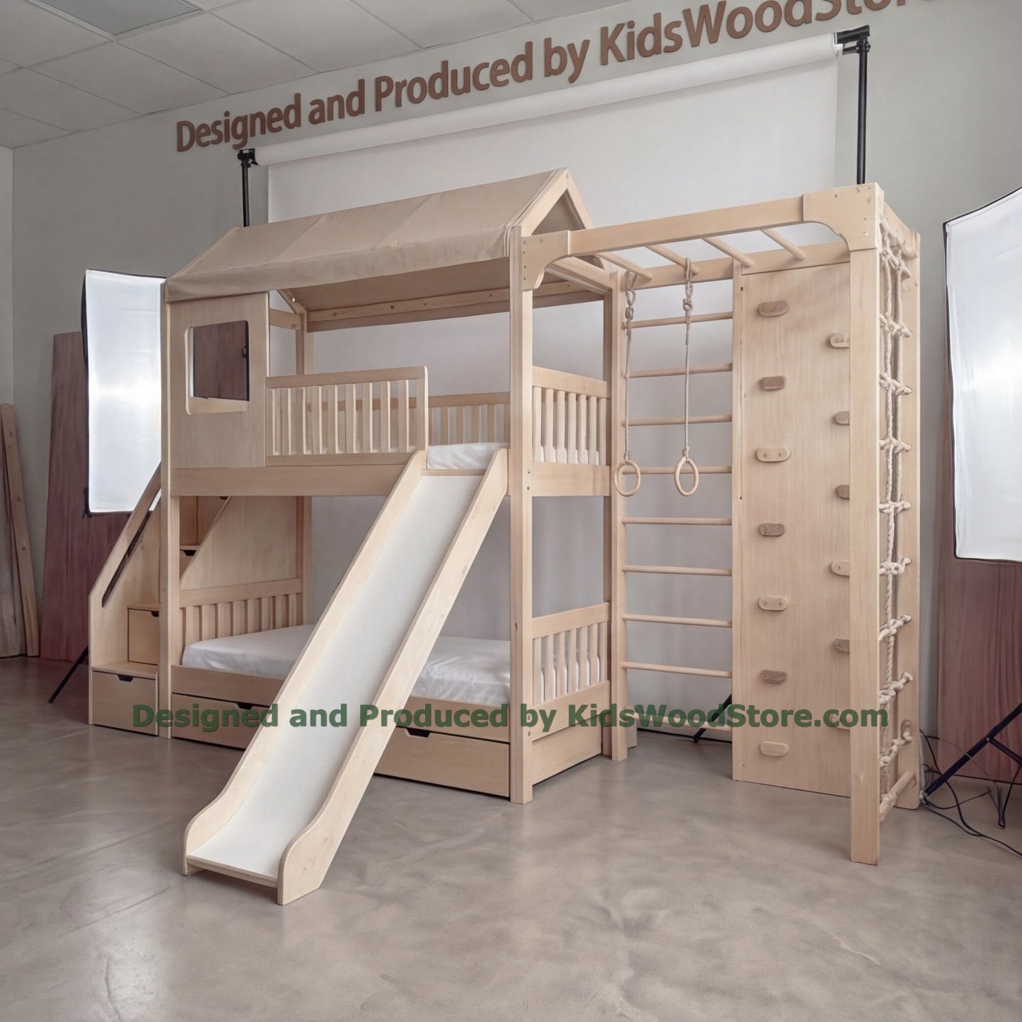 Wooden Adventure Bunk Bed with Climbing Wall, Rings & Rope | Tent Canopy, Slide, Storage Stairs | Indoor Rock Climbing Kids Loft Bed