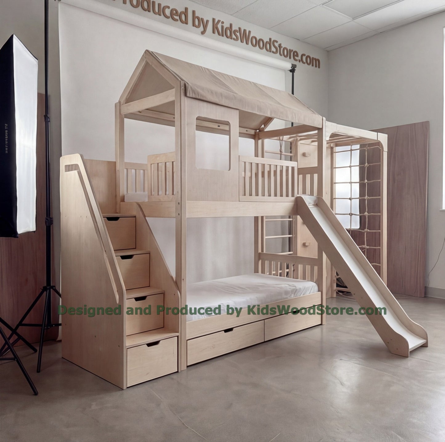 Wooden Adventure Bunk Bed with Climbing Wall, Rings & Rope | Tent Canopy, Slide, Storage Stairs | Indoor Rock Climbing Kids Loft Bed