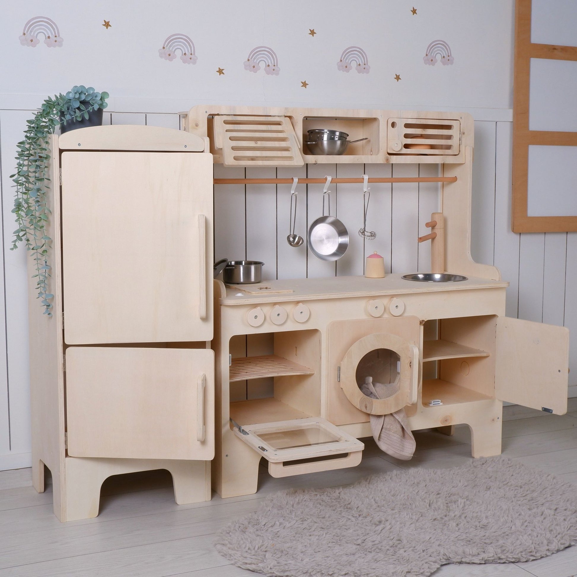New Wooden Play Kitchen With Microwave and Hood