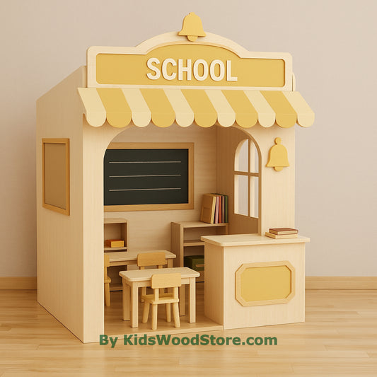 School Wooden Playhouse | Indoor Outdoor Pretend Play for Kids