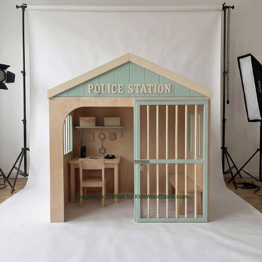 Wooden Police Station Playhouse + Furnitures for Kids | Personalized 20+ Themes | All-Inclusive Turnkey Project