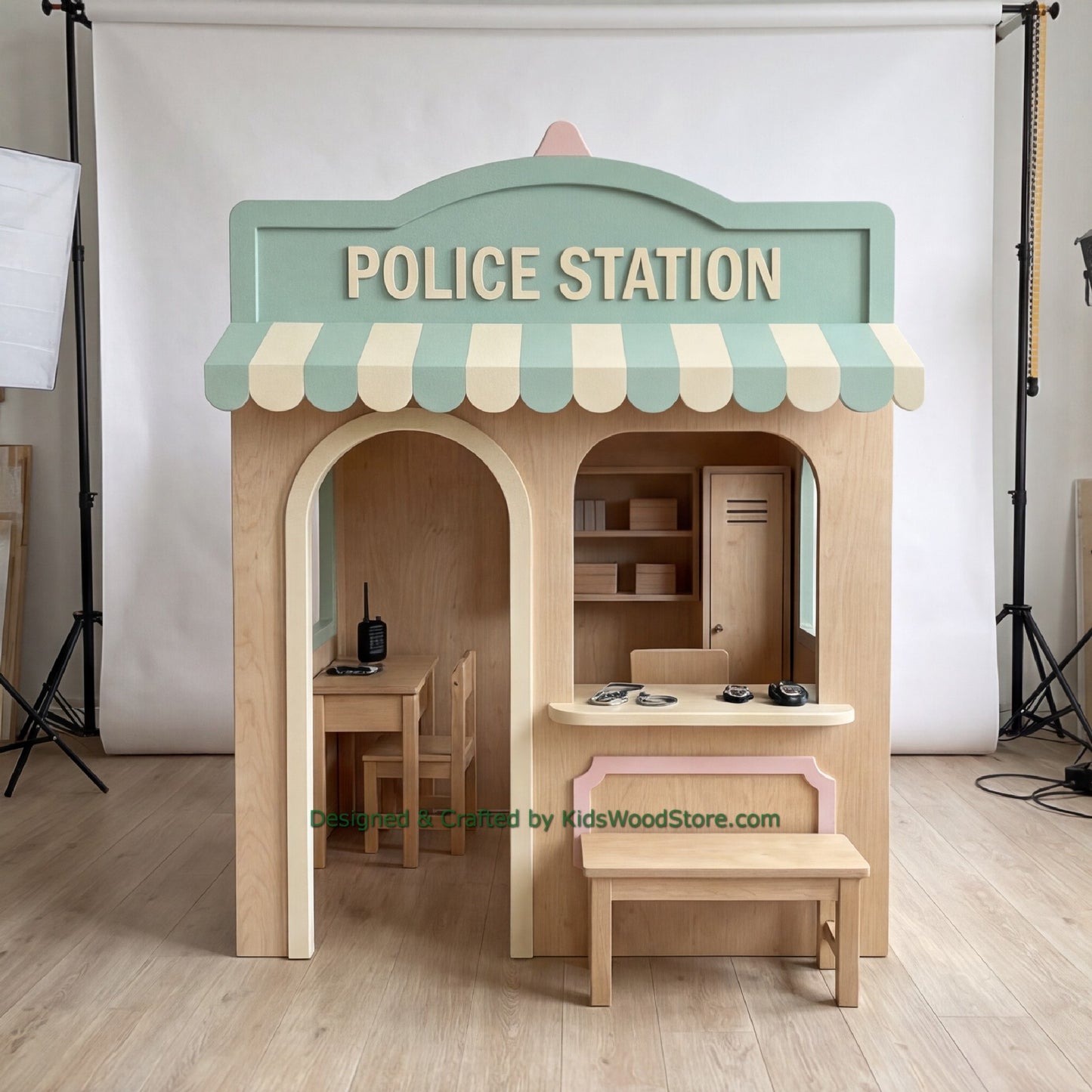Wooden Police Station Playhouse + Furnitures for Kids | Personalized 25+ Themes | All-Inclusive Turnkey Project