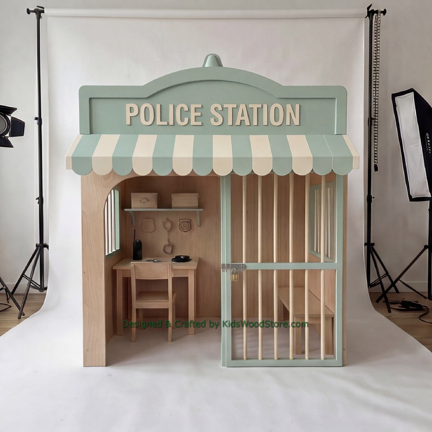 Wooden Police Station Playhouse + Furnitures for Kids | Personalized 20+ Themes | All-Inclusive Turnkey Project
