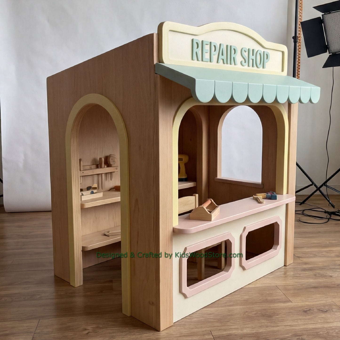 Wooden Repair Shop Playhouse + Furnitures for Kids | Personalized 25+ Themes | All-Inclusive Turnkey Project