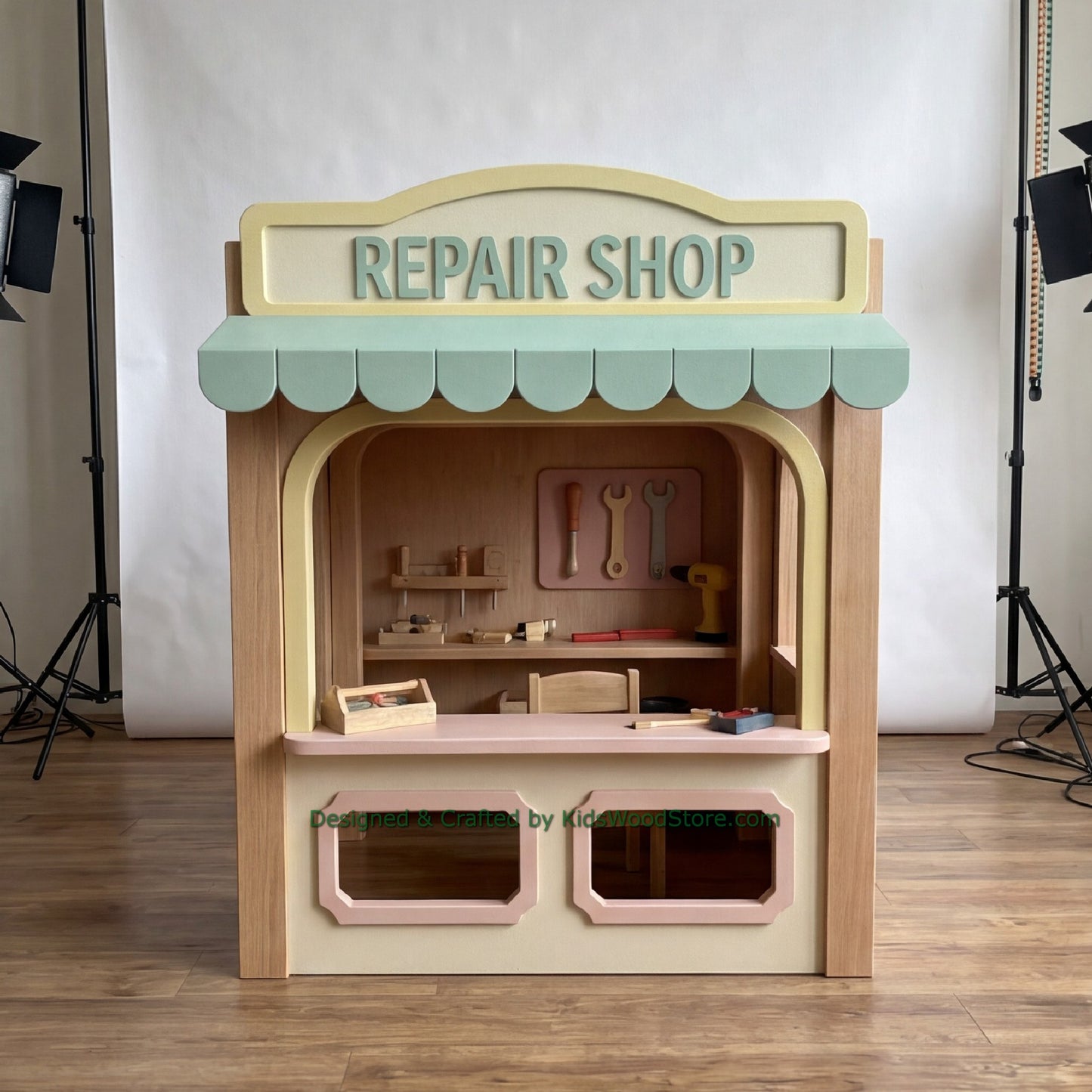 Wooden Repair Shop Playhouse + Furnitures for Kids | Personalized 25+ Themes | All-Inclusive Turnkey Project