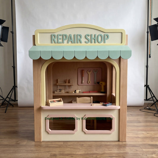 Wooden Repair Shop Playhouse + Furnitures for Kids | Personalized 25+ Themes | All-Inclusive Turnkey Project
